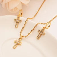 gold cz cross pendant necklace chain earrings sets jewelry gold christian jewelry sets for women girl best jesus gifts souvenir