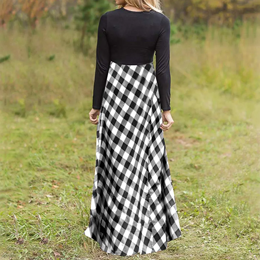 Женское платье клетчатое с длинным рукавом завышенной талией длинное длиной до