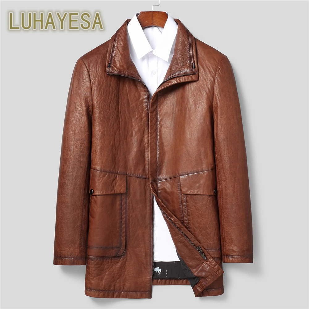 

LUHAYESA Medium Long Oil Wax Sheepskin Genuine Leather Jacket Man Casual Formal Spring Autumn Natural Leather Overcoat Clothes