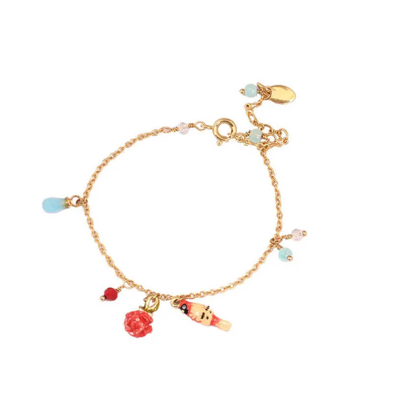 

European and American Fashion Personality Temperament Pastoral Style Enamel Color Glaze Red Parrot Flower Multi Pendant Bracelet