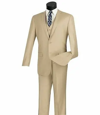 

VINCI Men's Beige 3 Piece 2 Button Slim Fit Suit w/ Matching Vest NEW