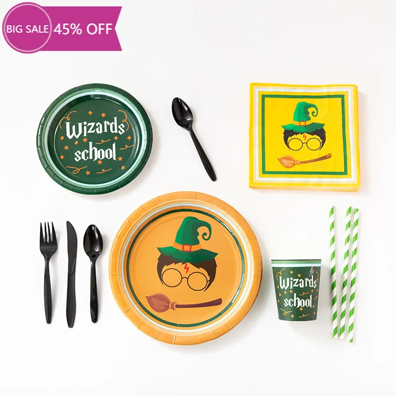 

New Magic Wizard Birthday Party Supplies with Happy Birthday Banner Striped Tie Novelty Glasses Frame Party Disposable Tableware