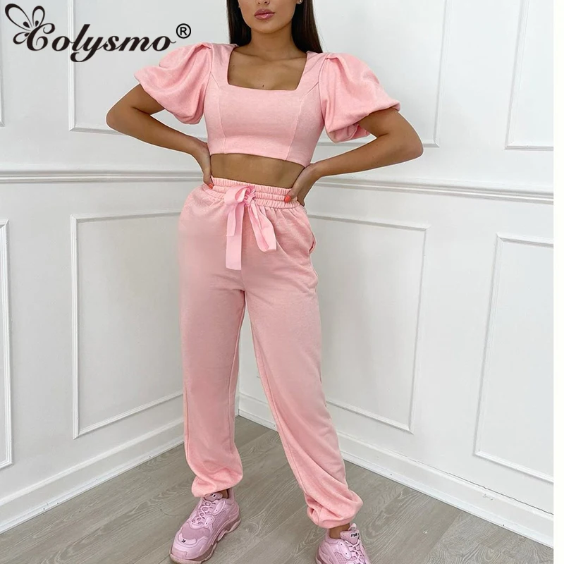 

Спортивный костюм Colysmo женский из двух предметов, укороченный топ и брюки с лентой, однотонный комплект из 2 предметов, летняя повседневная о...