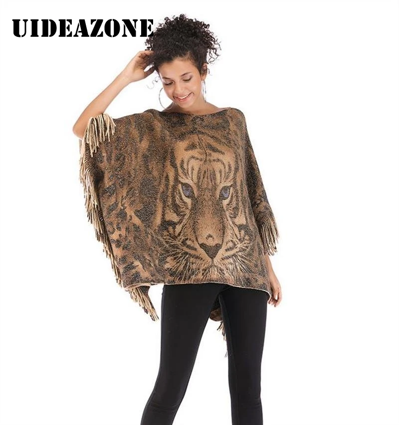 Тигровая голова кисточки Плащ шаль пуловер одно слово шеи Вязание свободное