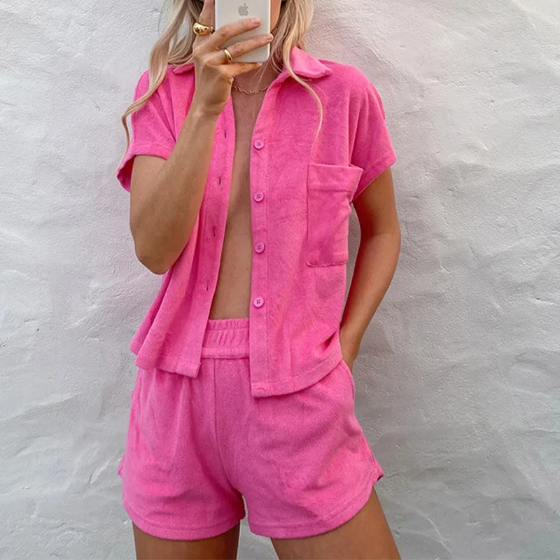 

Женский пляжный костюм, повседневный однотонный комплект из двух предметов, для дома, кардиган, топ, спортивный костюм, мягкие шорты для тре...