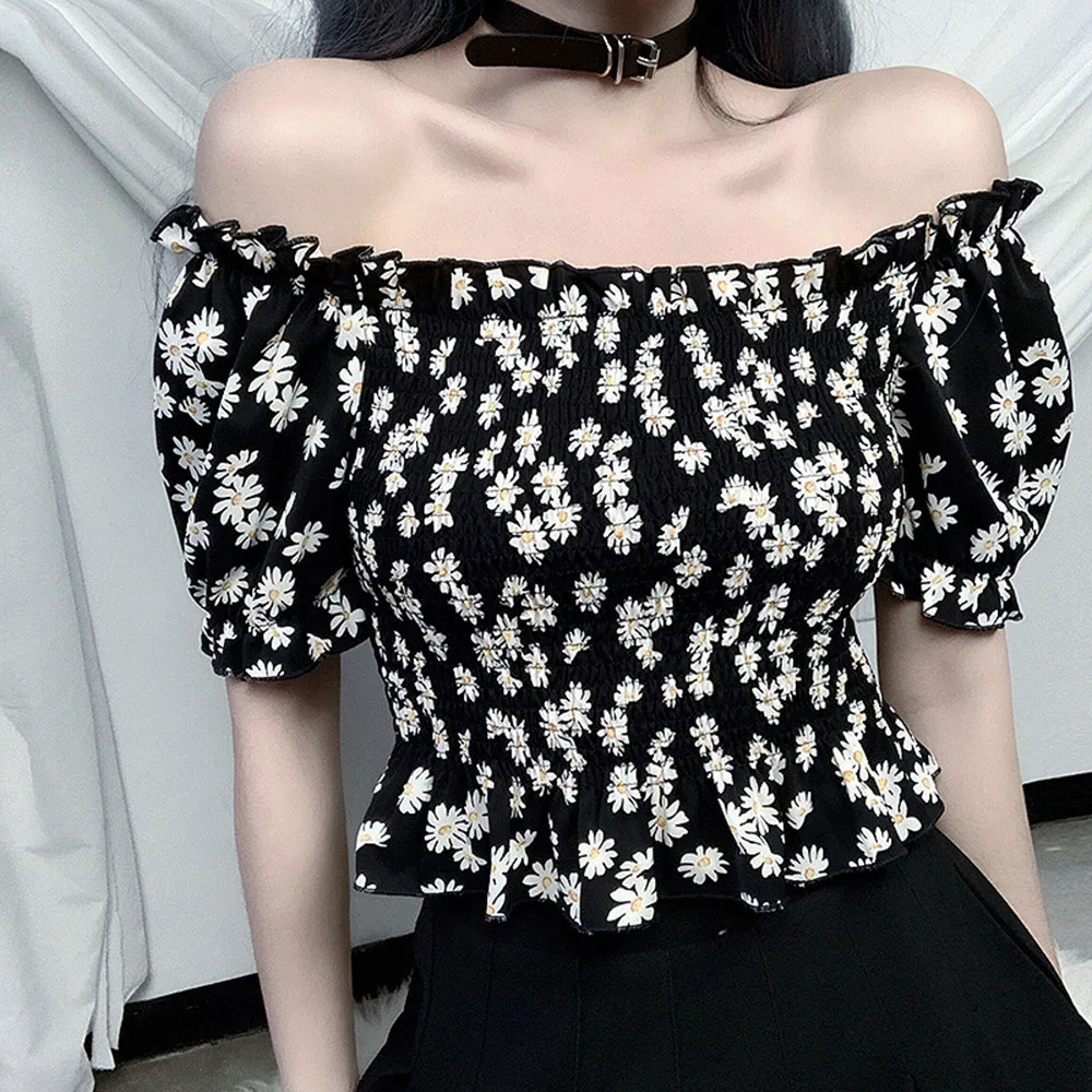 Gothic Chic Floral Blouse Summer Off Shoulder Sexy Blouses Women Tops Black Pleated Shirt Girl Goth Club Beach Shirts Crop Top | Женская