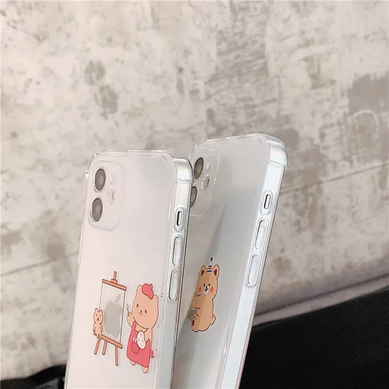

Funny Cartoon Bear Clear Phone Case For iPhone 12 Pro Max 11 XS Max XR 7 8 Plus Cute Couple Transparent Soft TPU Cover Fundas