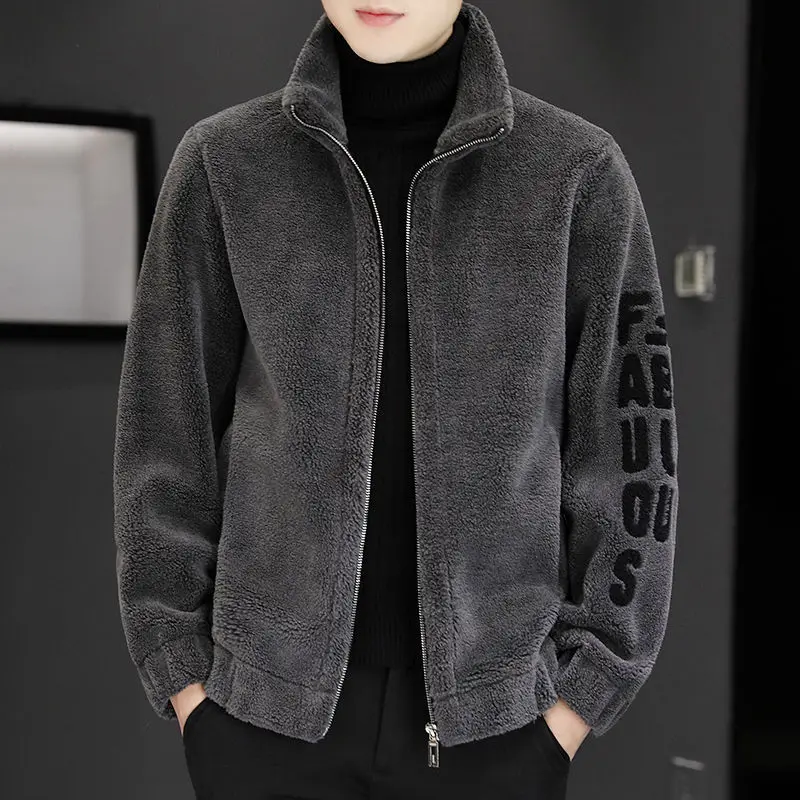 Authentic autumn and winter sheep shearing stand-collar jacket men's embroidered sweater and fur men's jacket