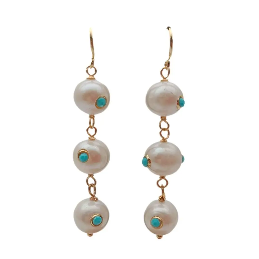 

Y.YING Freshwater Cultured White Pearl Turquoise Blue Cz Dangle Hook Earrings
