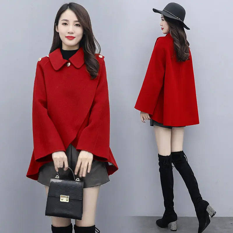 

Red Fashionable Woolen Coat Women's 2021 Autumn And Winter New Temperament Short Shawl Cloak Woolen Jacket Ladies Cape Y1540