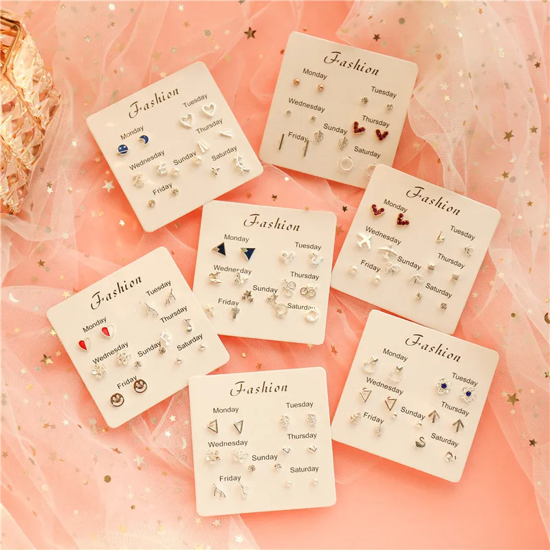 

Hot 2021 New One Week Sets Monday To Sunday Studs Earrings Geometric Small Ear Studs For Girl Fashion Jewelry