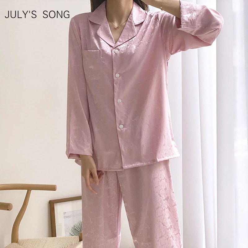 

Шелковые пижамы JULY'S SONG из 2 предметов, Женский пижамный комплект на весну и лето, одежда для сна с длинным рукавом и розовым узором, Женская д...