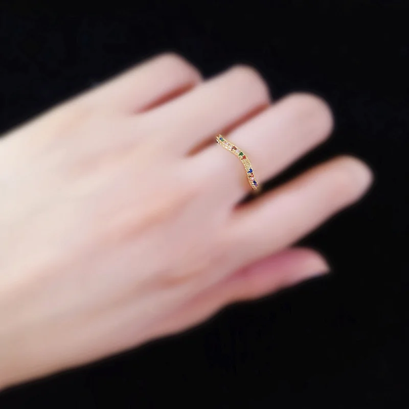 

Copper Plated 14k Light Luxury Wave-shaped Rainbow Ring Full of Colored Diamonds European American Retro Style Women's Slim Ring