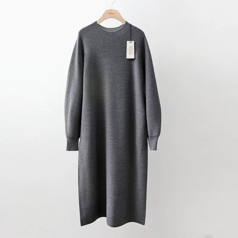 

Johnature New Casual Solid Color Loose Knitting Dress For Women 2021 Winter 5 Colors O-neck Render Pockets Female Dresses