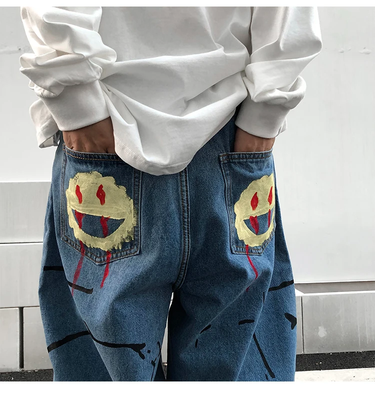 

Smiley Graffiti Jeans Pant Men Hip-hop Popular Brand New Streetwear Loose Wide Leg Pants Harajuku Straight Denim Trousers
