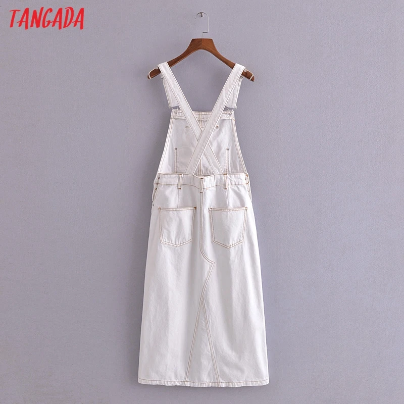 

Tangada 2021 Fashion Women White Denim Loose Strap Dress Sleeveless Pocket Female Casual Dress 3H391