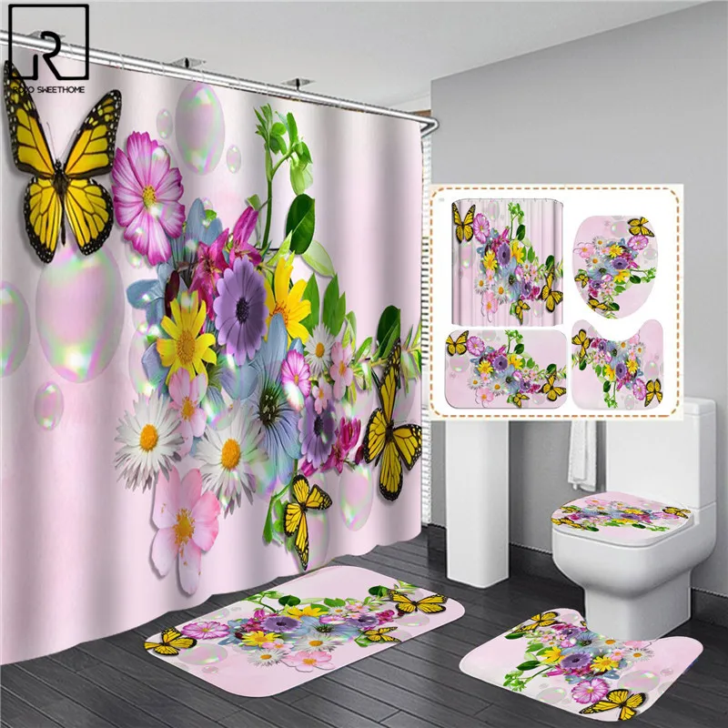 elegant butterfly flower rose print shower curtain woman bathroom decoration blue pink bath mat set toilet lid cover wc supplies free global shipping