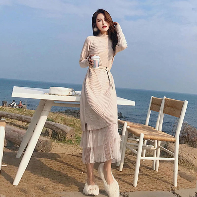 Платье-Свитер Timis Li с высоким воротником женское кружевное вязаное длинное