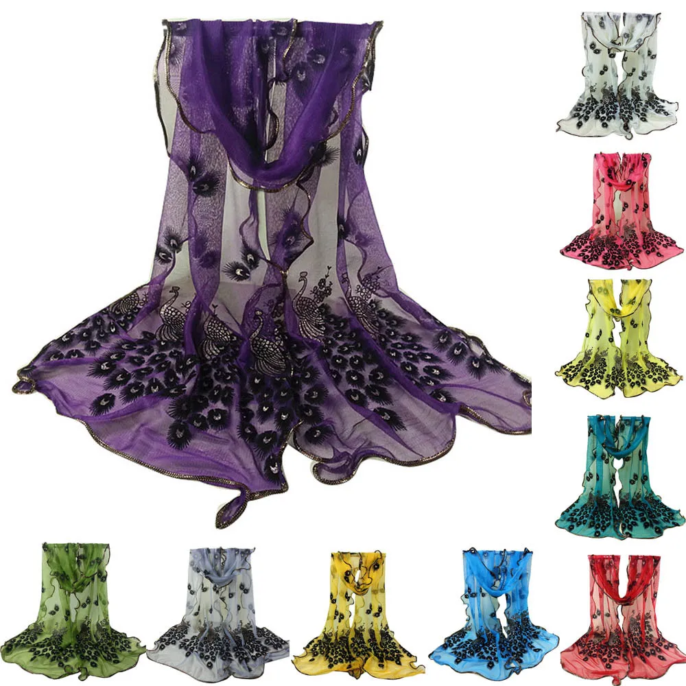 Женский кружевной шарф с вышивкой Длинный мягкий пончо павлиньими цветами