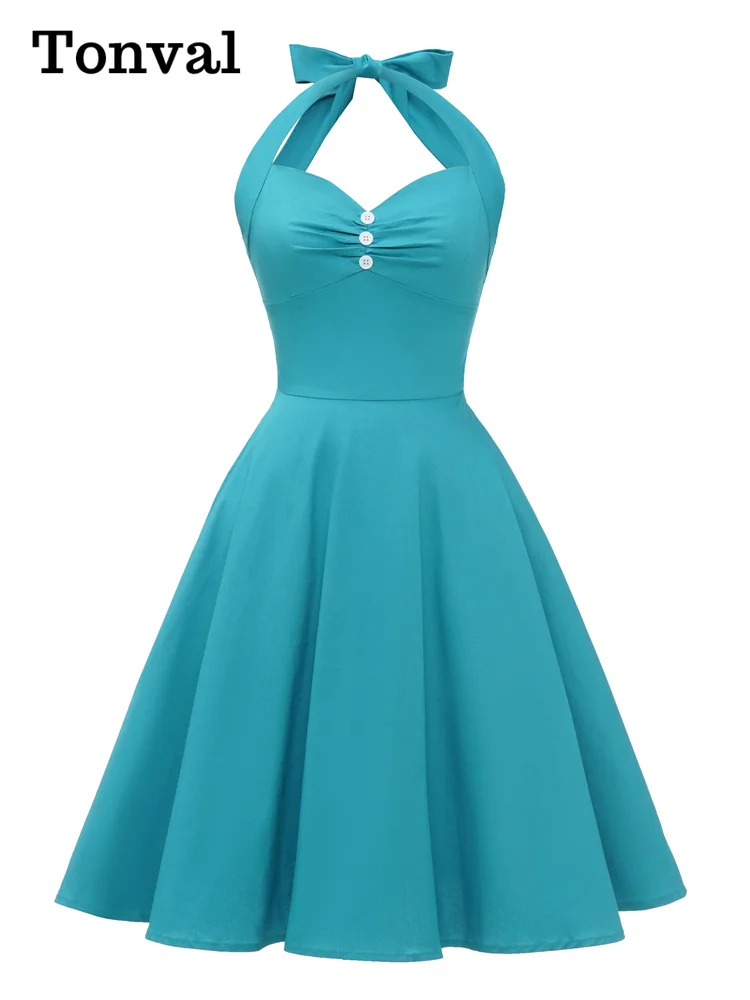 

Tonval Turquoise Buttons Halter Sexy Party Backless Lace-Up Corset Dress Women 50s Style Vintage Robes Summer Swing Dresses