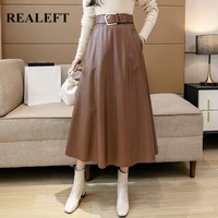 realeft 2021 new winter womens pu leather skirts with belt vintage high waist solid color ladies midi long a line skirts female