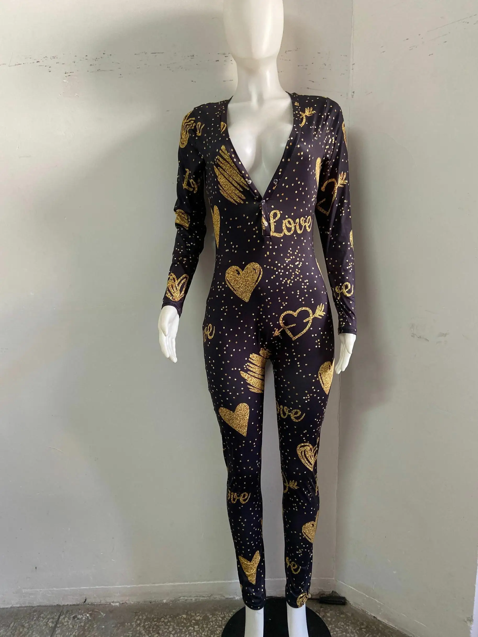 

2021 New Woman's Sexy Printed One-piece Pajamas V-neck Long Sleeve Button Flip Elastic Slim Jumpsuit