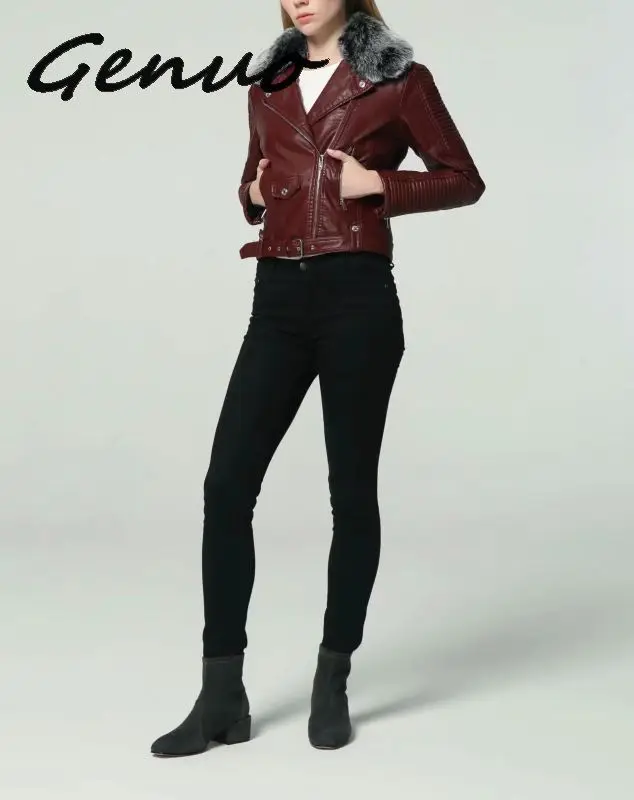 

Genuo 2019 Hot Women Winter Warm Faux Leather Jackets with Fur Collar Lady White Black Pink Motorcycle & Biker Outerwear Coats
