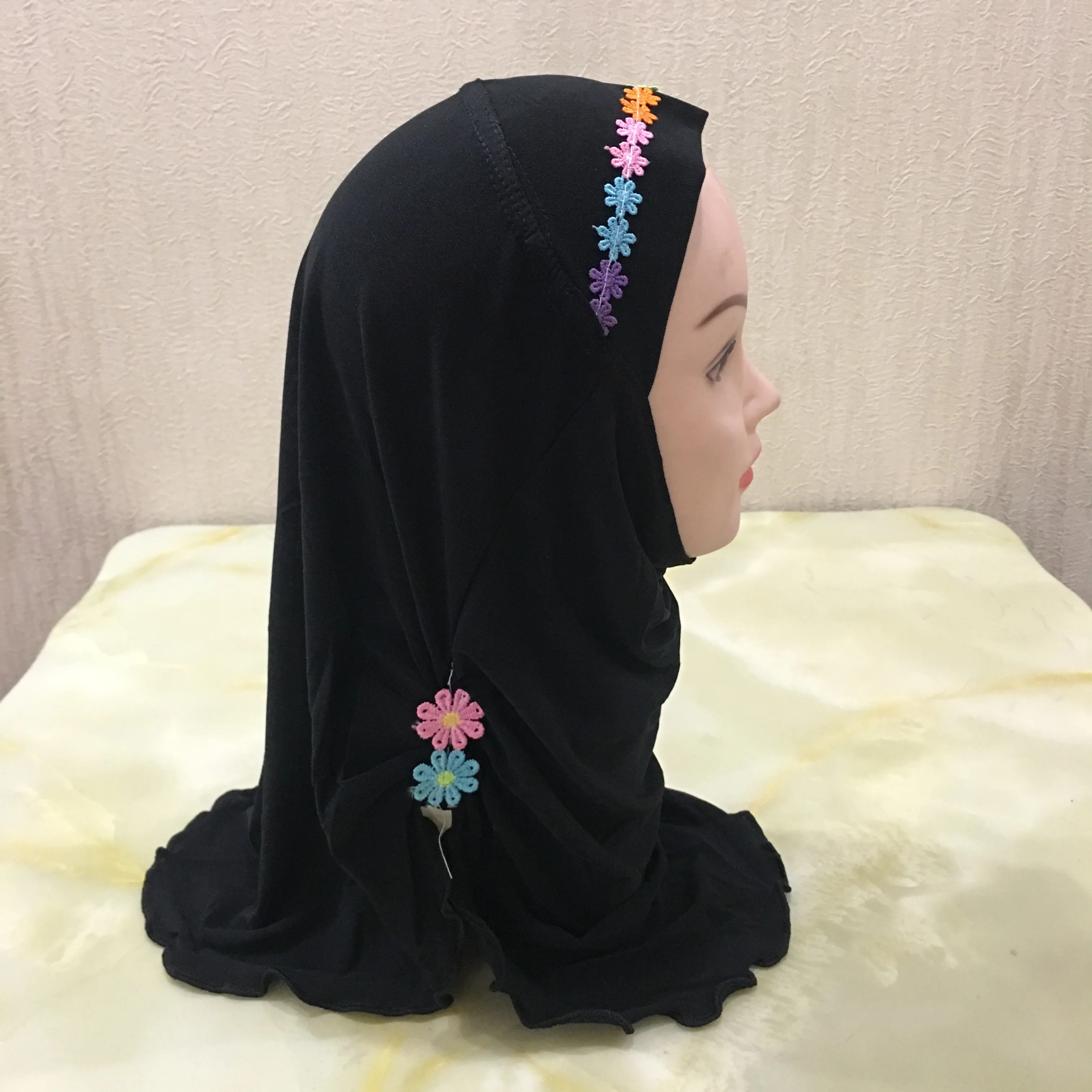 Muslim Girls Hijab Scarf Handmade Flower Applique Islamic Kids Turban Plain Headwrap Shawl Elastic Burqa for 2-7 Years Children |