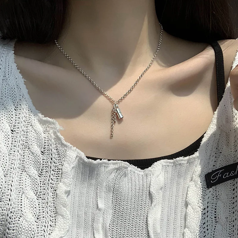 

IHUES 925 Sterling Silver Retro Lock-Shaped Pendant Clavicle Chain Female Korean version trendy Cool Hip-Hop Punk Style Necklace