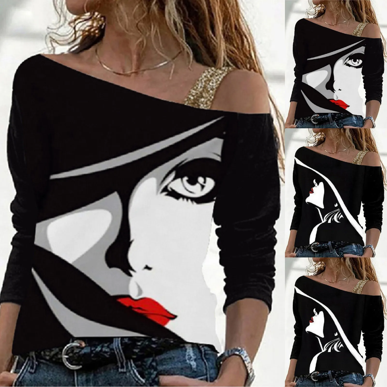 

Женская футболка с открытыми плечами, круглым вырезом и длинным рукавом