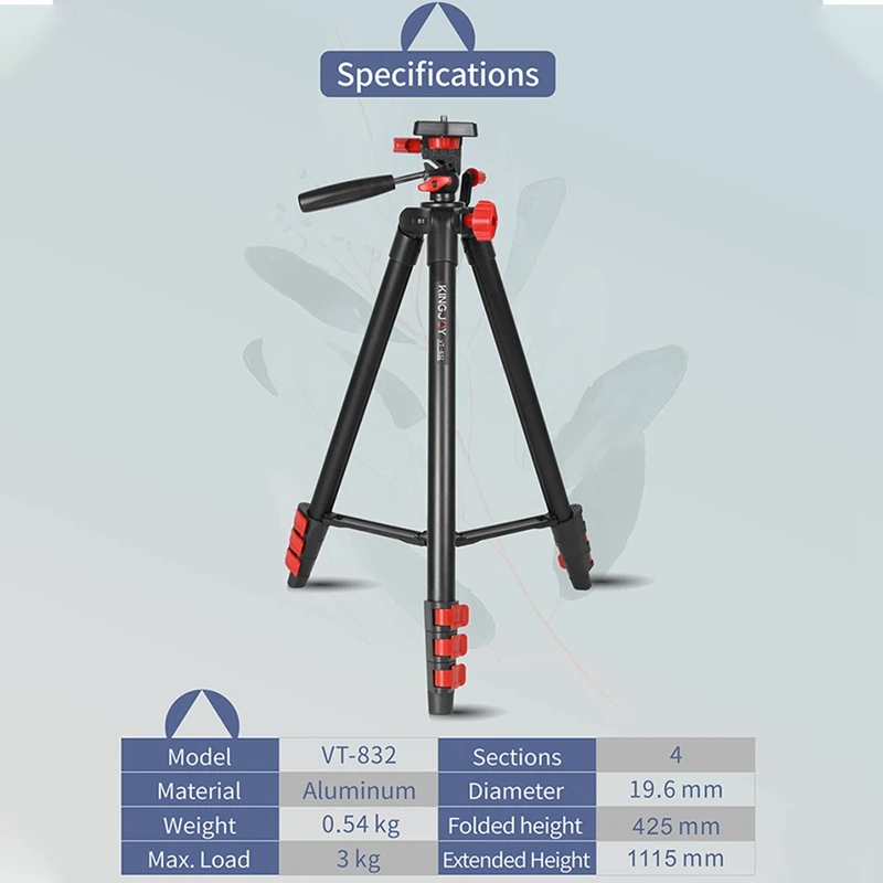 

KINGJOY VT-832 Photography Tripod Stand Portable Aluminum Alloy 1/4 Inch Screw Connector Middle Axis for Camera