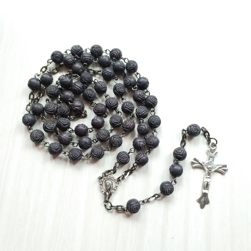 QIGO серый цвет подвеска в виде креста длинное ожерелье Розы розы Розария|Ожерелья