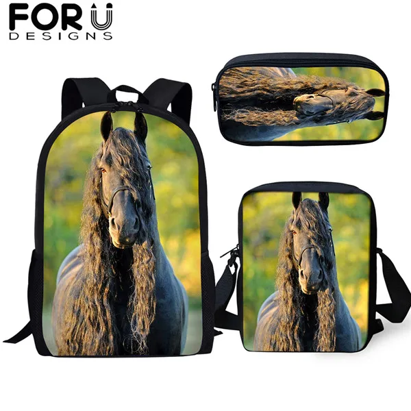 FORUDESIGNS/3 шт./компл. школьная сумка для мальчиков и для девочек-подростков; Friesian рюкзаки с рисунком лошади студент красивый вороной конь рюкзак для путешествий - Цвет: CDGX1496CEK