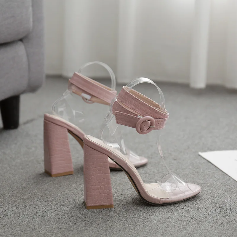 Celebrity pink stone pattern clear sandals women round buckle strap open toe flipflops carve thick super high heels sandalen2020 | Обувь