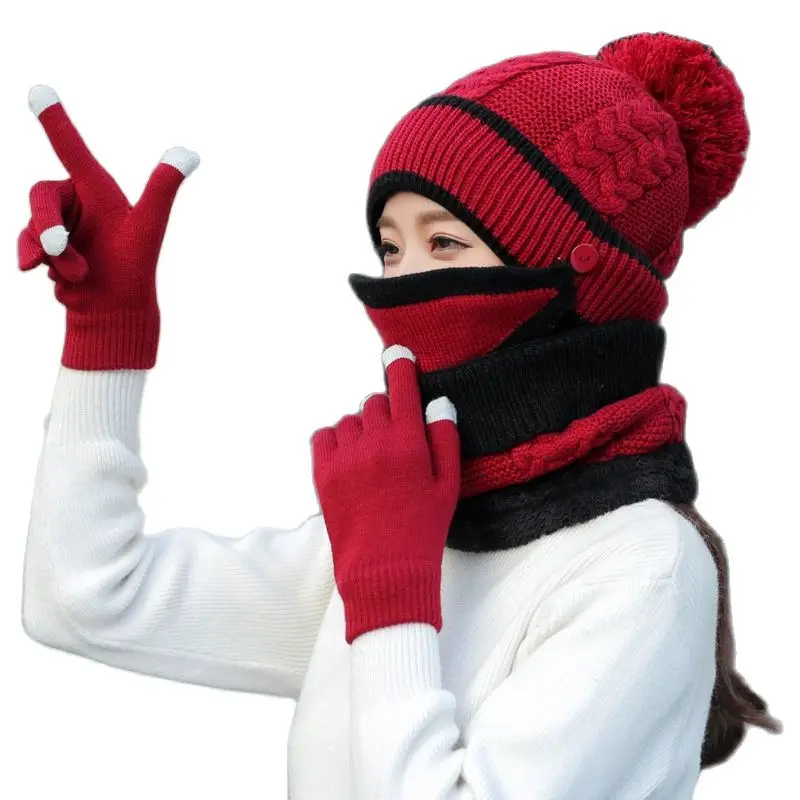 

Three-piece Hat Mask Bib Gloves Women Winter Cap Neckerchief Plush Warm Knitted Wool Windproof Beanies Scarf Hat Set 2022 New