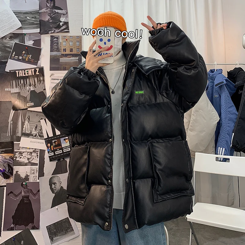

Pu leather cotton jacket men's trendy fashion jacket 2020 new loose Korean version fake two-piece winter jacket bread jacket