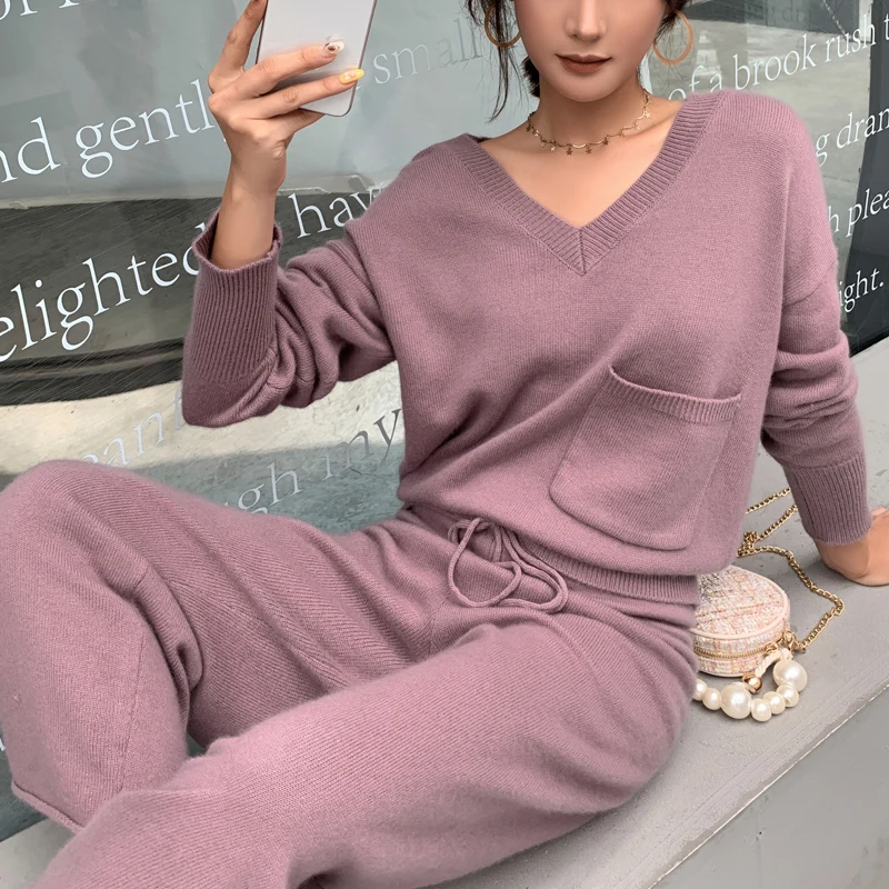 Женский кашемировый свитер с v образным вырезом Свободные повседневные