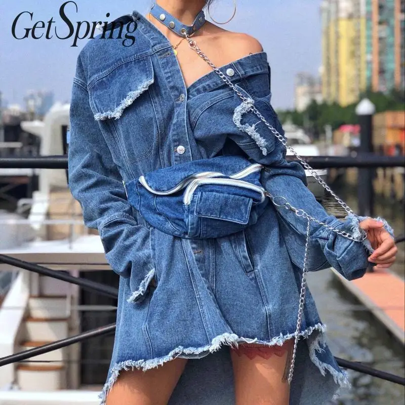 Getвесна женское джинсовое пальто с длинным рукавом асимметричный подол