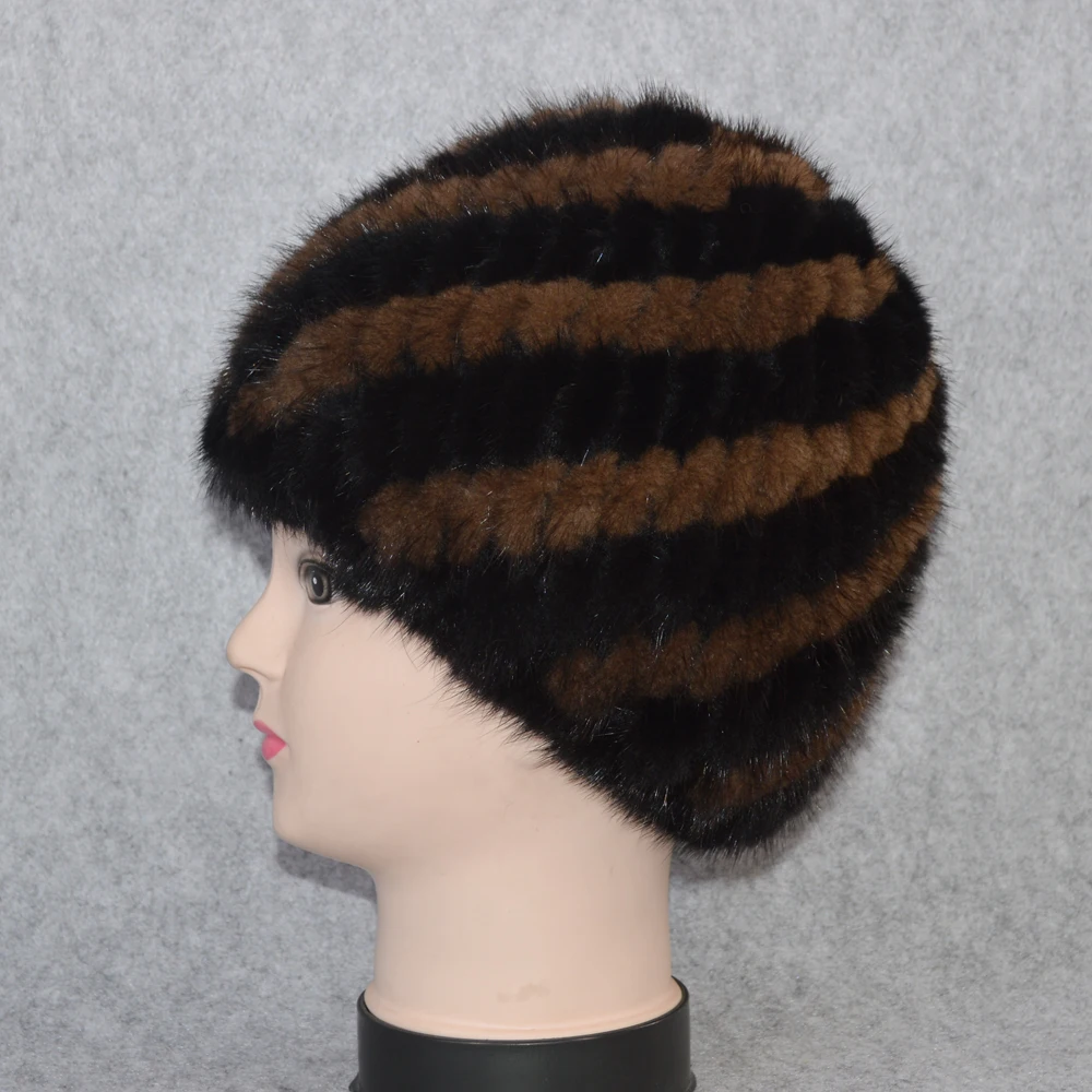 Cotton Lining Winter Lovely Real Mink Fur Hat Women Good Elastic Knitted Real Natural Mink Fur Beanies Caps Real Mink Fur Cap
