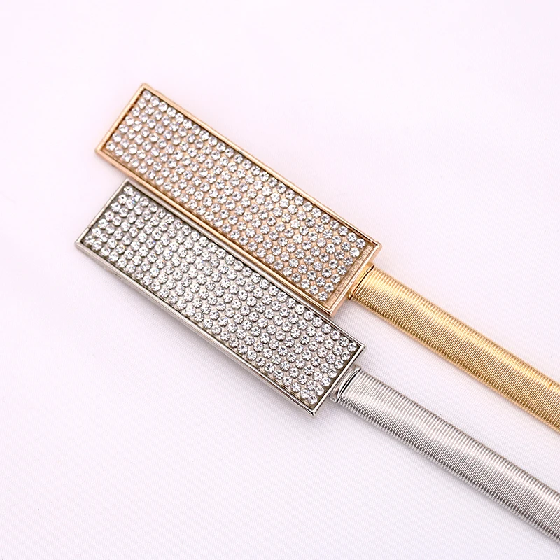 

New Silver Gold Metal Belt Double Ring Imitate Rhinestone Lady Waist Belt Dress Suits Elastic Thin Slim Women Belts Waistband