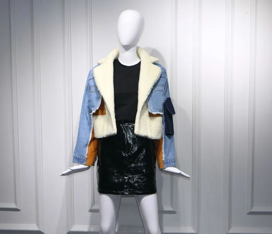 

2021 European and American New Sheepskin Lapel Full Sleeve Denim Blue Splicing Clothes Letter Printing Coat Windbreaker