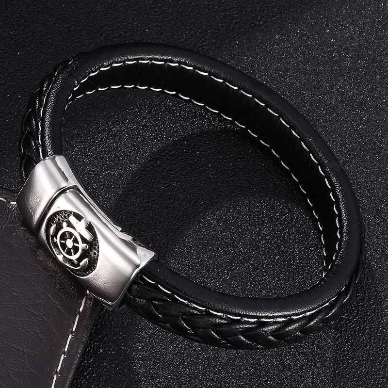 Плетеный черный кожаный браслет мужской модный из нержавеющей стали с магнитной