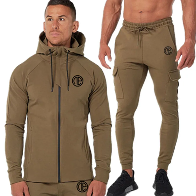army green Мужская спортивная одежда для бега, костюмы, Толстовка/спортивные штаны для спортзала, Фитнес Тренировочные толстовки и штаны, 2 шт./компл., мужские спортивные куртки для бега - Цвет: army green