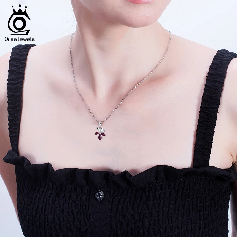

ORSA JEWELS 925 Sterling Silver Silver Necklace Enamel Craft Leaf Design AAAA Zirconia Pendant Accessories For Women SEQN03
