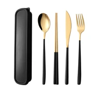 4pcsset portable cutlery kit stainless steel gold camping tableware set knife fork chopsticks traveldinnerware with gift box