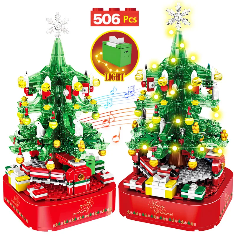 

Городская Рождественская елка, вращающаяся музыкальная шкатулка, строительные блоки, друзья, Санта-Клаус, светодиодная лампочка, Сияющие рождественские блоки, игрушки для детей, девочек