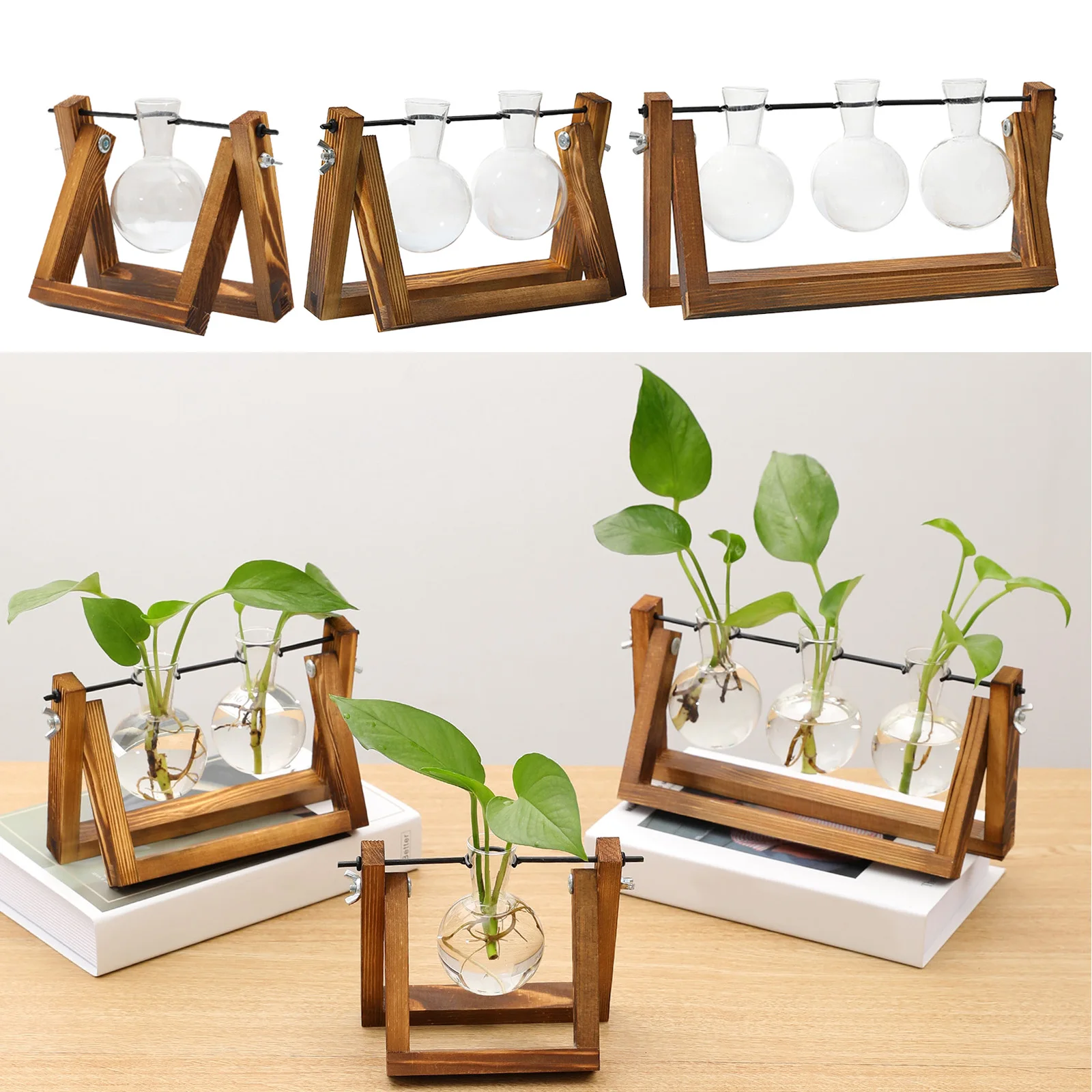 

Glass Planter Bulb Vase, Desktop Plant Terrarium with Retro Wooden Stand and Metal Swivel Holder for Hydroponics Plants Decor