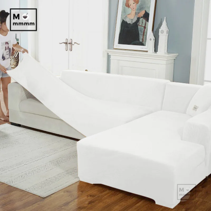 Бархатный Чехол для дивана в гостиную эластичный белый чехол удлиняемый угловой