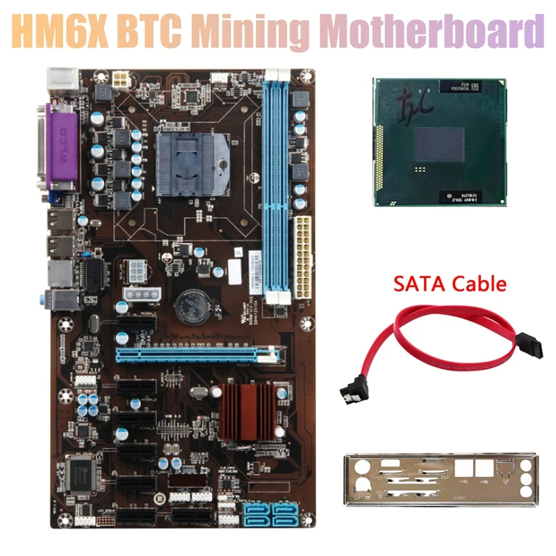 

HM6X BTC Mining Motherboard with CPU+SATA Cable+Baffle DDR3 Support 16GB 8XPCIE Graphics Card Slot PGA988 Motherboard