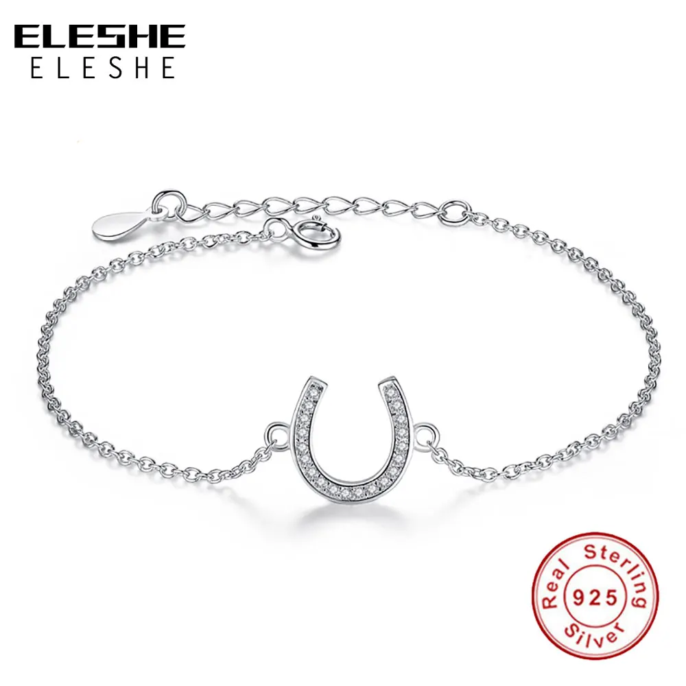 ELESHE чистый 925 Серебряная цепочка браслет с кубическим цирконием амулет-Подкова